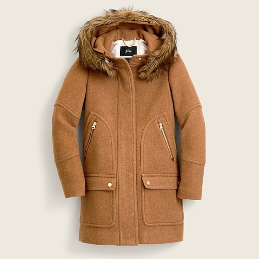 JCrew Italian Sadium Wool look Chateau Parka Coat, camel color size 00